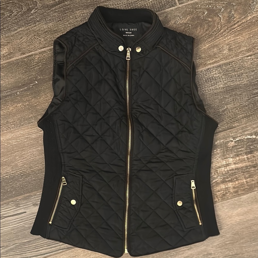 Love Tree Black Quilted Vest with Gold Details